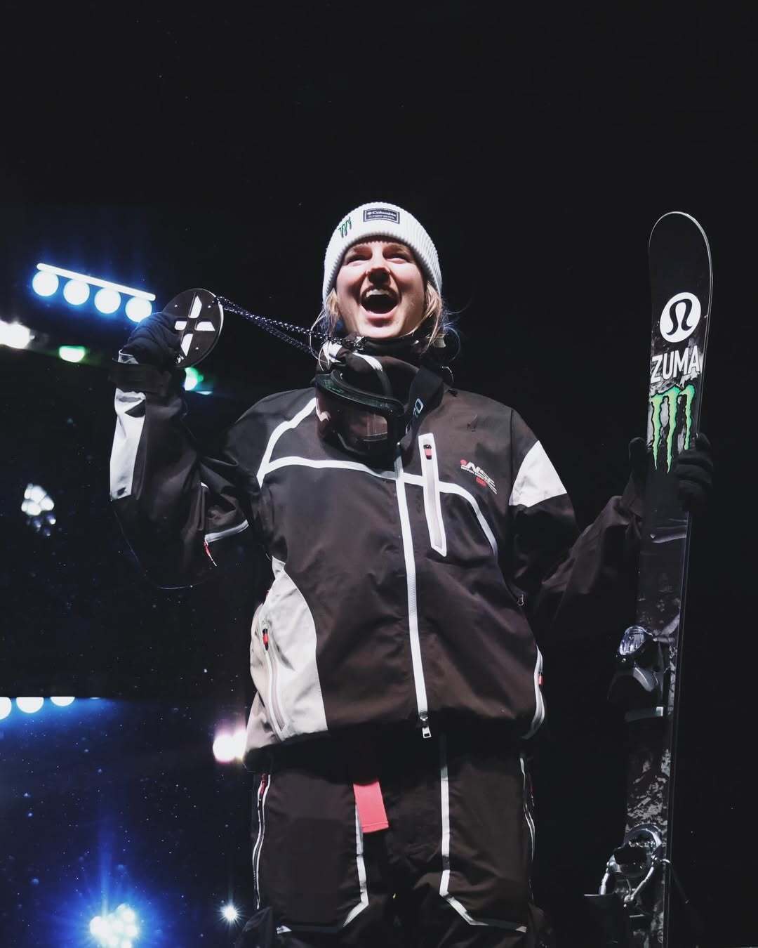 Cassie Sharpe, X Games Aspen athlete, holding her skis and bronze medal after her podium finish at X Games Aspen 2026
