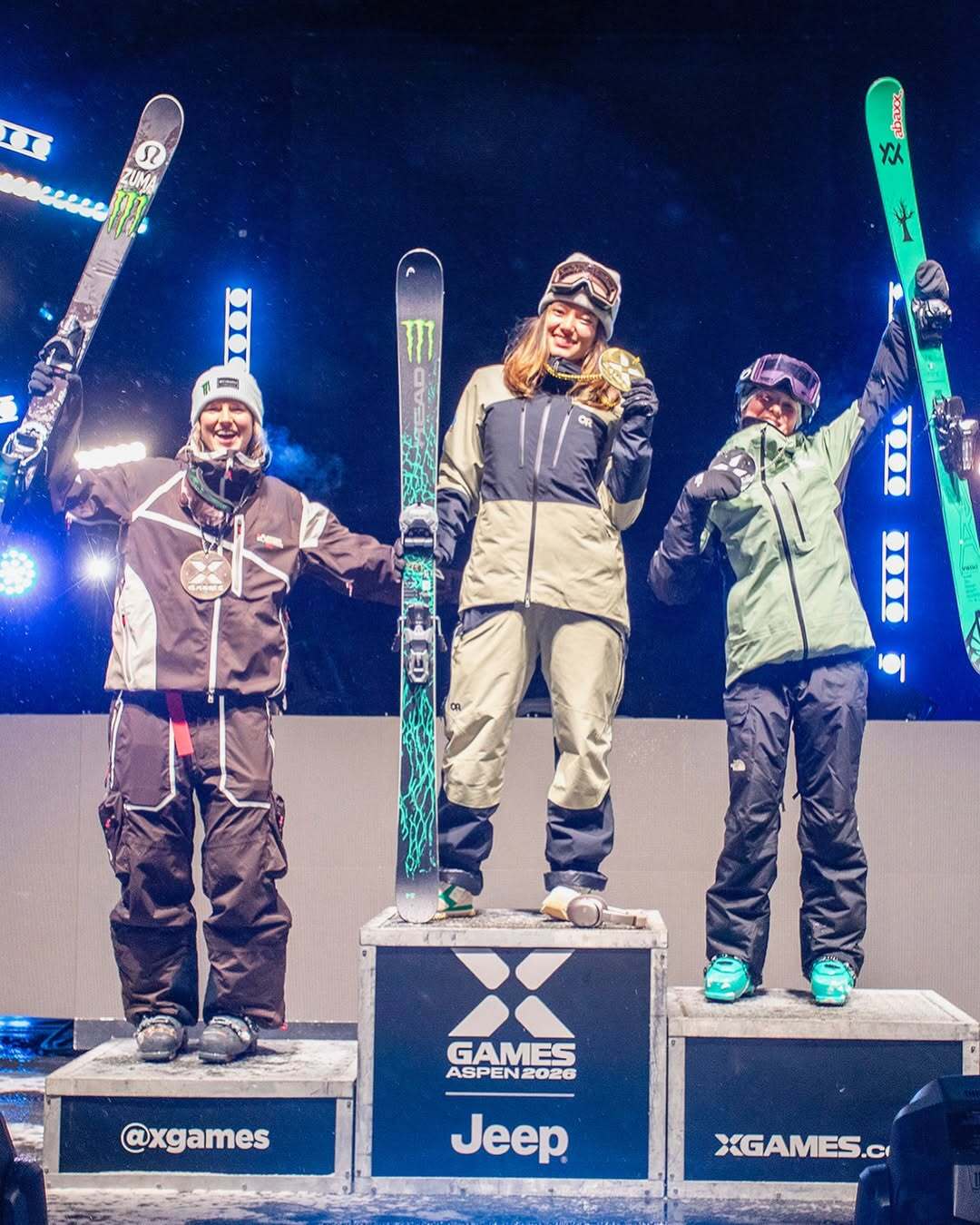 Cassie Sharpe, X Games Aspen athlete, standing on the podium with her bronze medal at X Games Aspen 2026