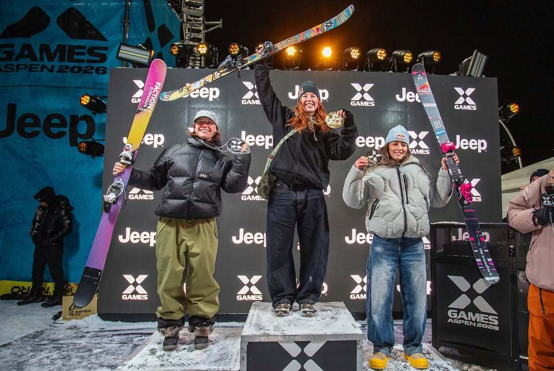 Naomi Urness, X Games Aspen athlete, on the podium with her skis and silver medal at X Games Aspen