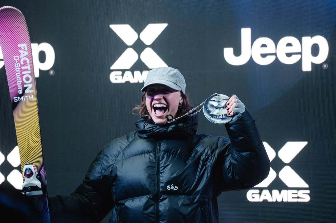 Naomi Urness, X Games Aspen athlete, holding her silver medal after her debut performance at X Games Aspen
