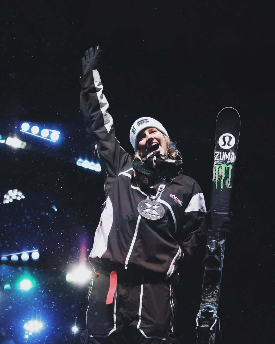 Cassie Sharpe, X Games Aspen athlete, posing with her bronze medal following her SuperPipe performance
