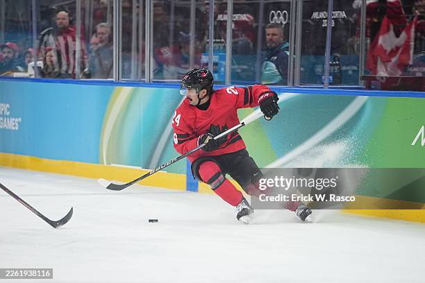 Seth Jarvis for Team Canada during the Canada vs USA Gold Medal game at the Milano Cortina 2026 Winter Olympics.