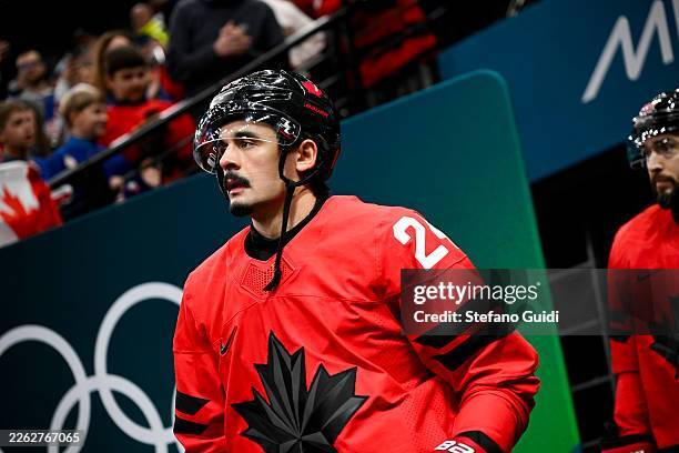 Seth Jarvis for Team Canada during the Canada vs USA Gold Medal game at the Milano Cortina 2026 Winter Olympics.