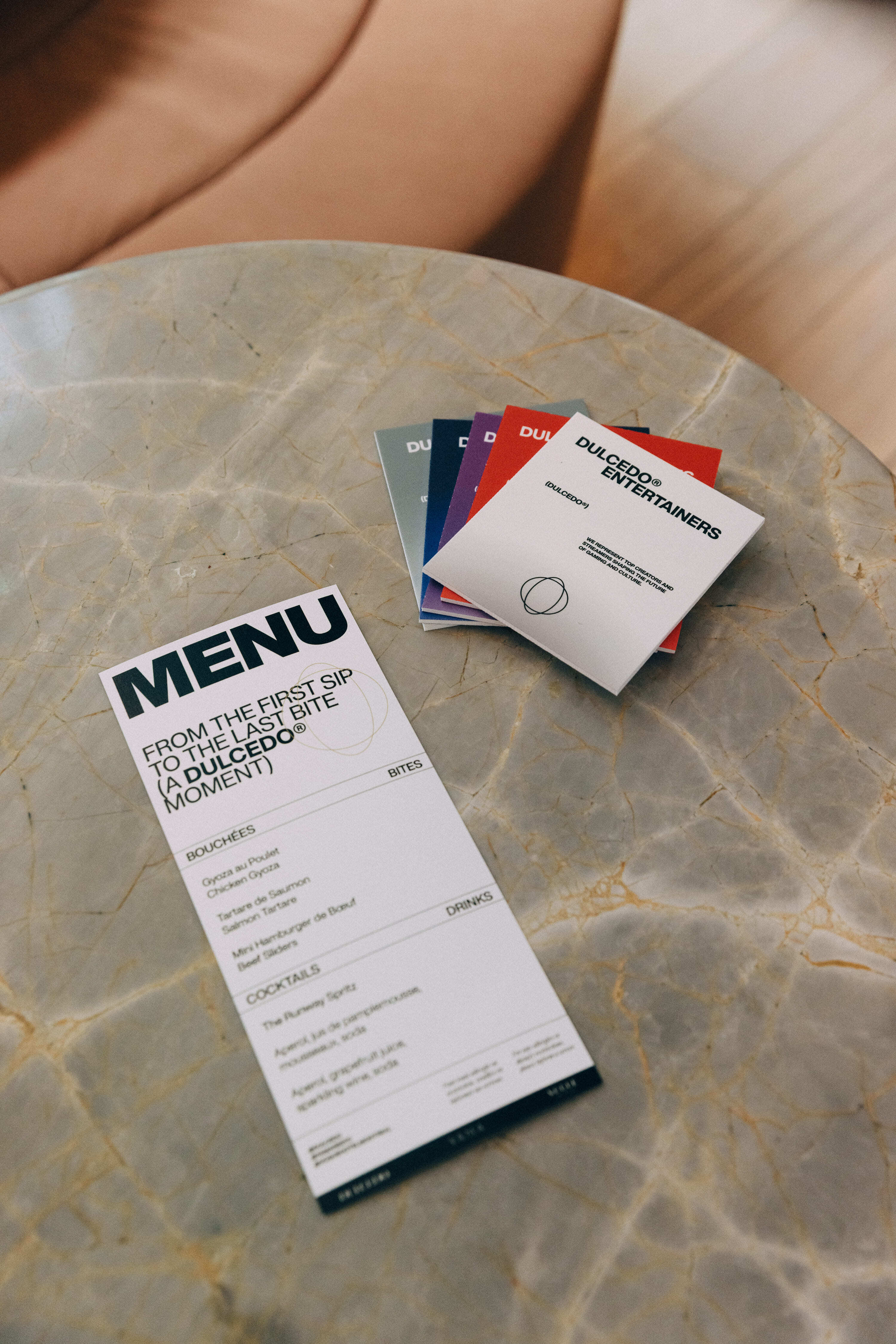 Image of the menu and specialized coasters designed by Dulcedo's graphic designer for the Launch Event.